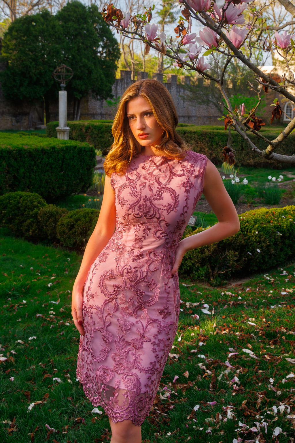 Rosette Veil Pink Jacquard Dress | Handmade in USA | Dafina Co.