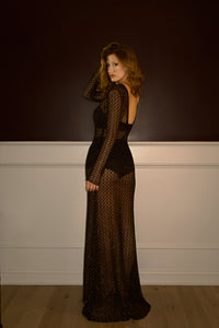slim fit dress slacks Aurelia Sheer Knit Dress | Handcrafted Black & Gold Gown