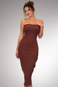 Brown ribbed midi dress with black lace trim