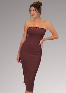 Brown ribbed midi dress with black lace trim